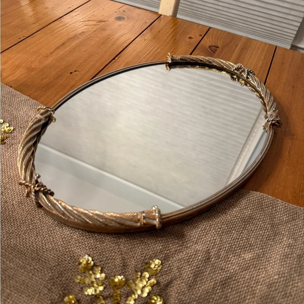 Vintage Stylebuilt Oval Mirrored Vanity Tray Organizer Rope Bow Gold Tone